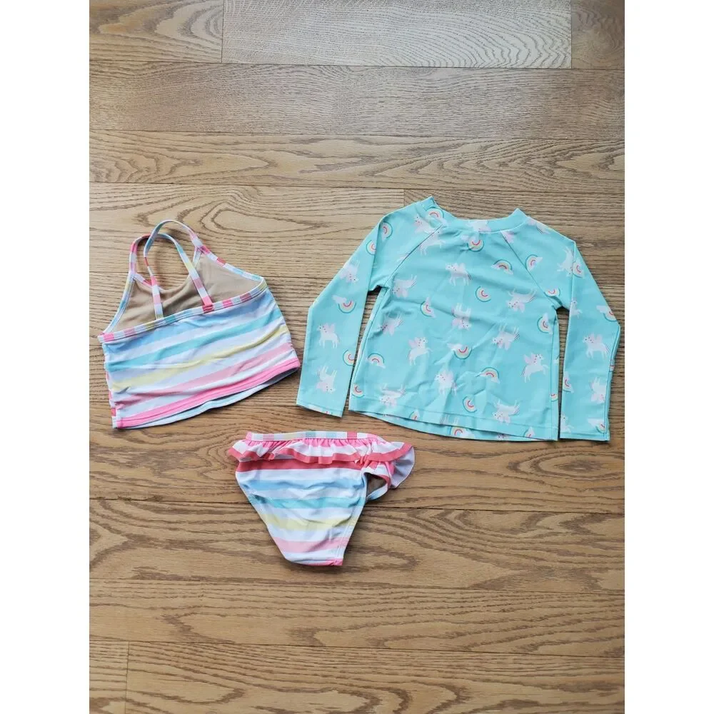 18-24M Lot of 3 Rashguard Swim Set for Toddler Girls Rainbow Stripes FAIR/Play